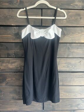 STAUD Black Slip Dress with White Bow Detail